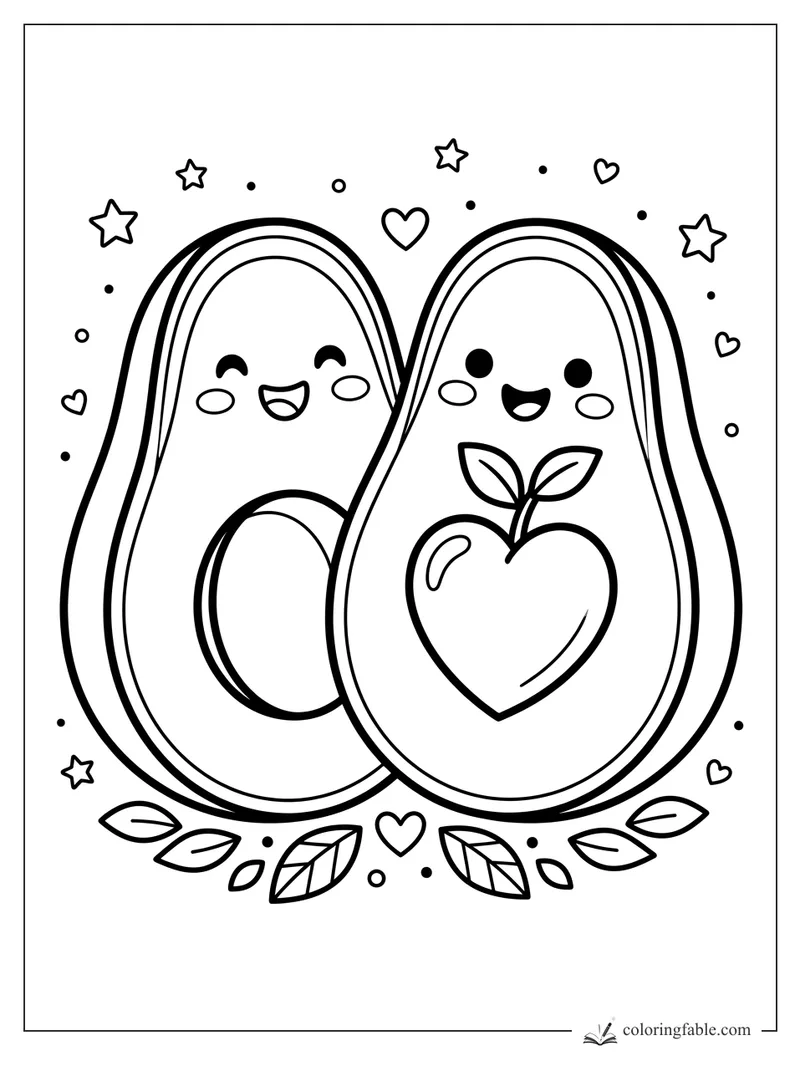 Kawaii avocado halves smiling with a heart-shaped fruit, leaves, stars, and tiny hearts.