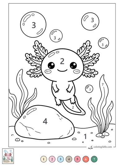 Smiling Axolotl Among Bubbles and Water Plants — color by number