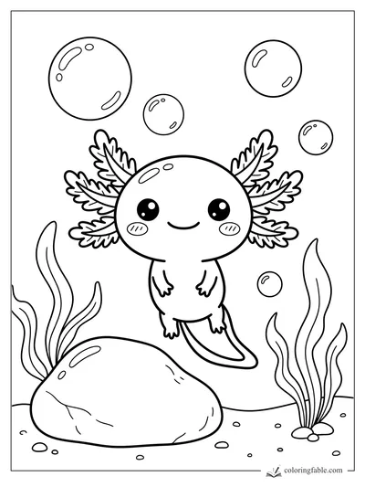 Cute kawaii axolotl smiling underwater with feathery gills, bubbles, a rock, and swaying plants.