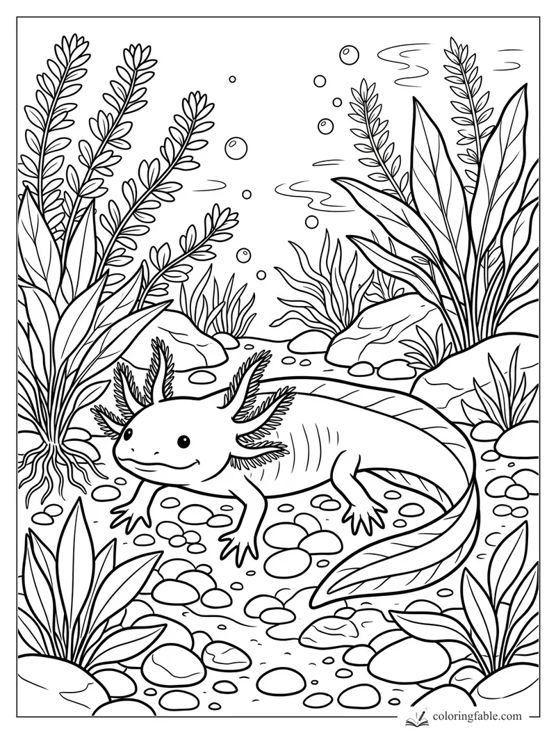 Smiling axolotl with feathery gills swimming over pebbles among tall river plants and bubbles.