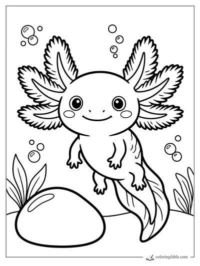 Smiling axolotl with feathery gills, bubbles, plants, and a large pebble in a bold coloring page