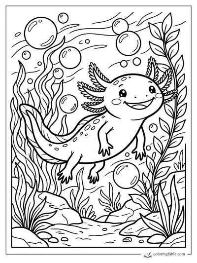 Cartoon axolotl smiling underwater among bubbles, seaweed, leafy plants, rocks, and wavy water lines.