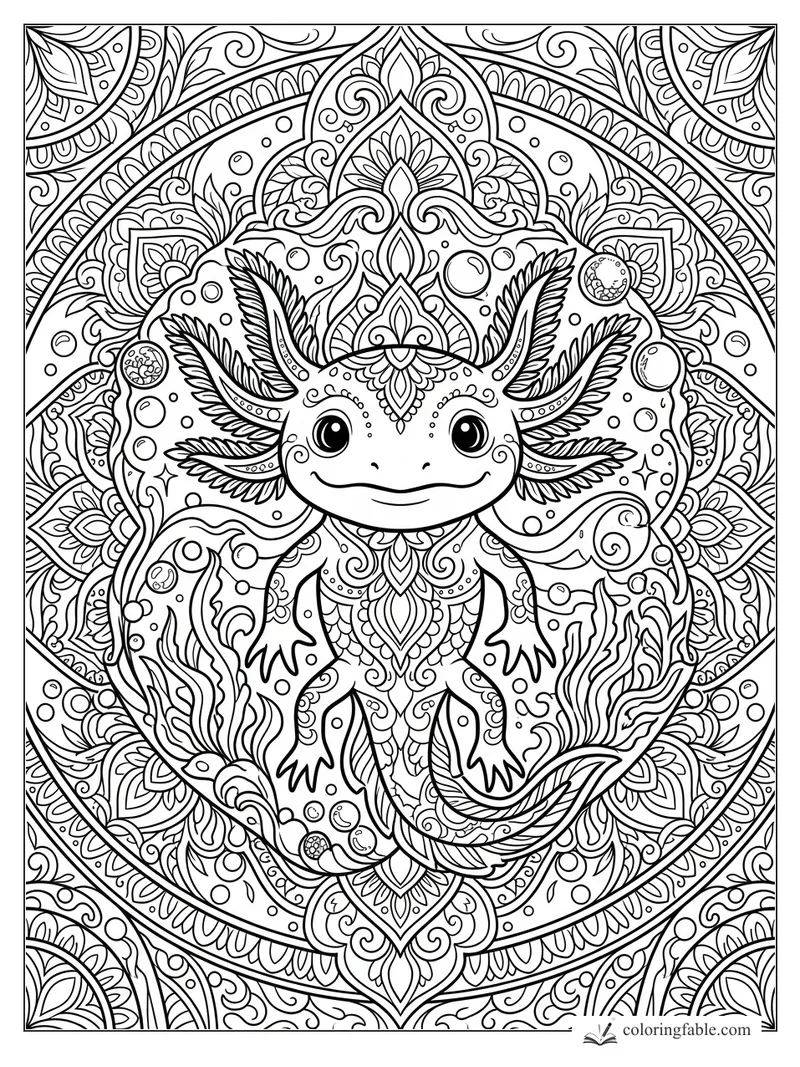 Intricate mandala axolotl with feathery gills, bubbles, seaweed, and ornate floral swirls