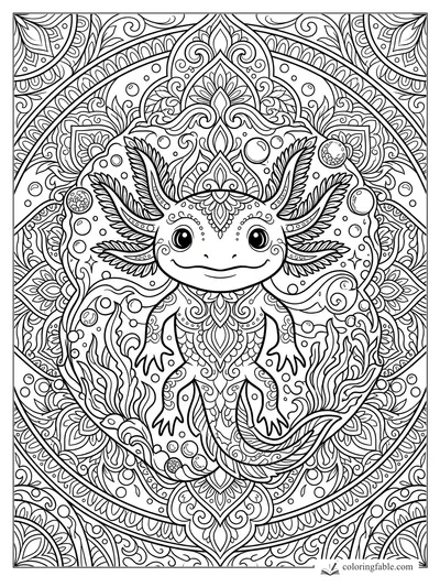 Intricate mandala axolotl with feathery gills, bubbles, seaweed, and ornate floral swirls