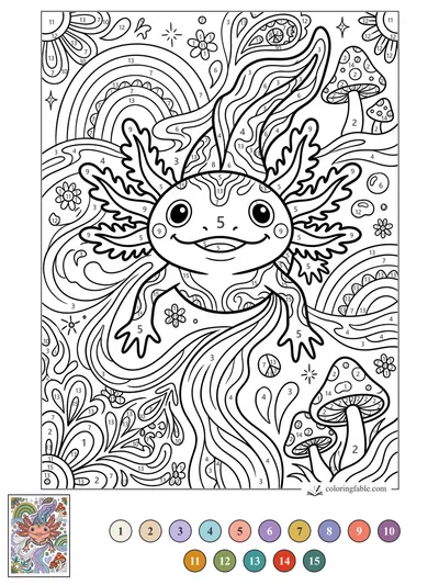 Smiling Axolotl in a Groovy Mushroom Garden — color by number
