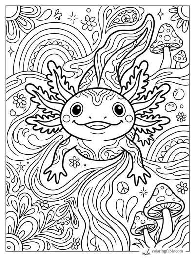 Smiling axolotl with frilly gills, groovy swirls, rainbows, flowers, bubbles, and spotted mushrooms.