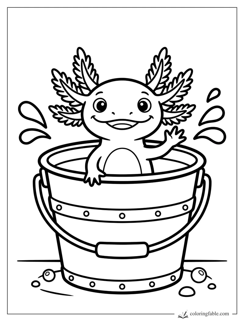 Smiling axolotl waving from a bucket with water splashes and pebbles