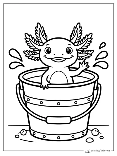Smiling axolotl waving from a bucket with water splashes and pebbles