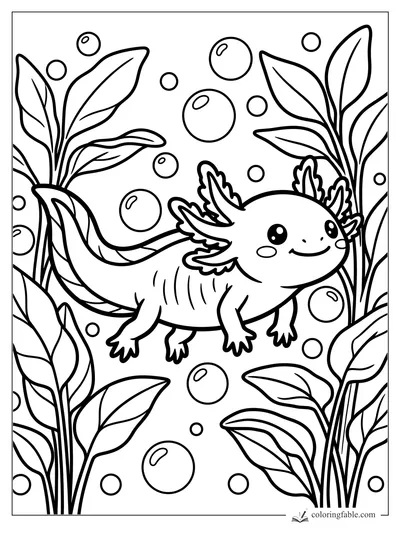 Kawaii axolotl swimming between tall aquatic plants and round bubbles coloring page