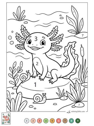 Smiling Axolotl on a Pond Rock with Two Snails — color by number
