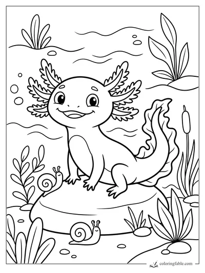 Cartoon axolotl smiling on a pond rock with two snails, reeds, bubbles, and wavy water lines