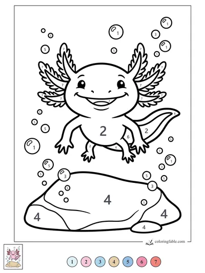 Smiling Axolotl Over a Bubbling Rock — color by number