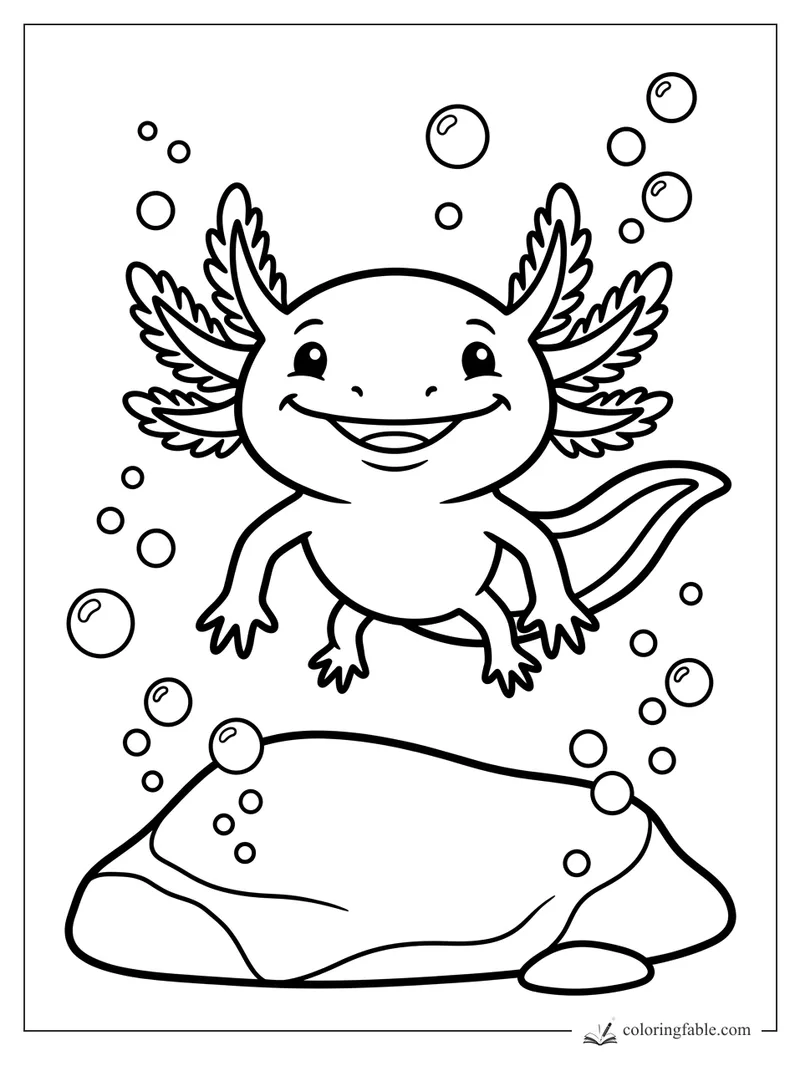 Smiling axolotl with feathery gills floating above a rock and bubbles coloring page
