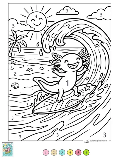 Smiling Axolotl Surfing a Big Beach Wave — color by number
