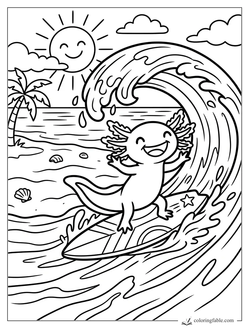 Cartoon axolotl surfing a curling ocean wave with sun, clouds, palm tree, shells, and starfish.