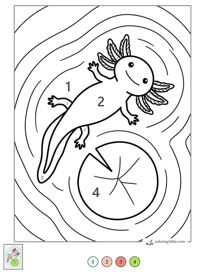 Smiling Axolotl Swirls Past a Lily Pad — color by number