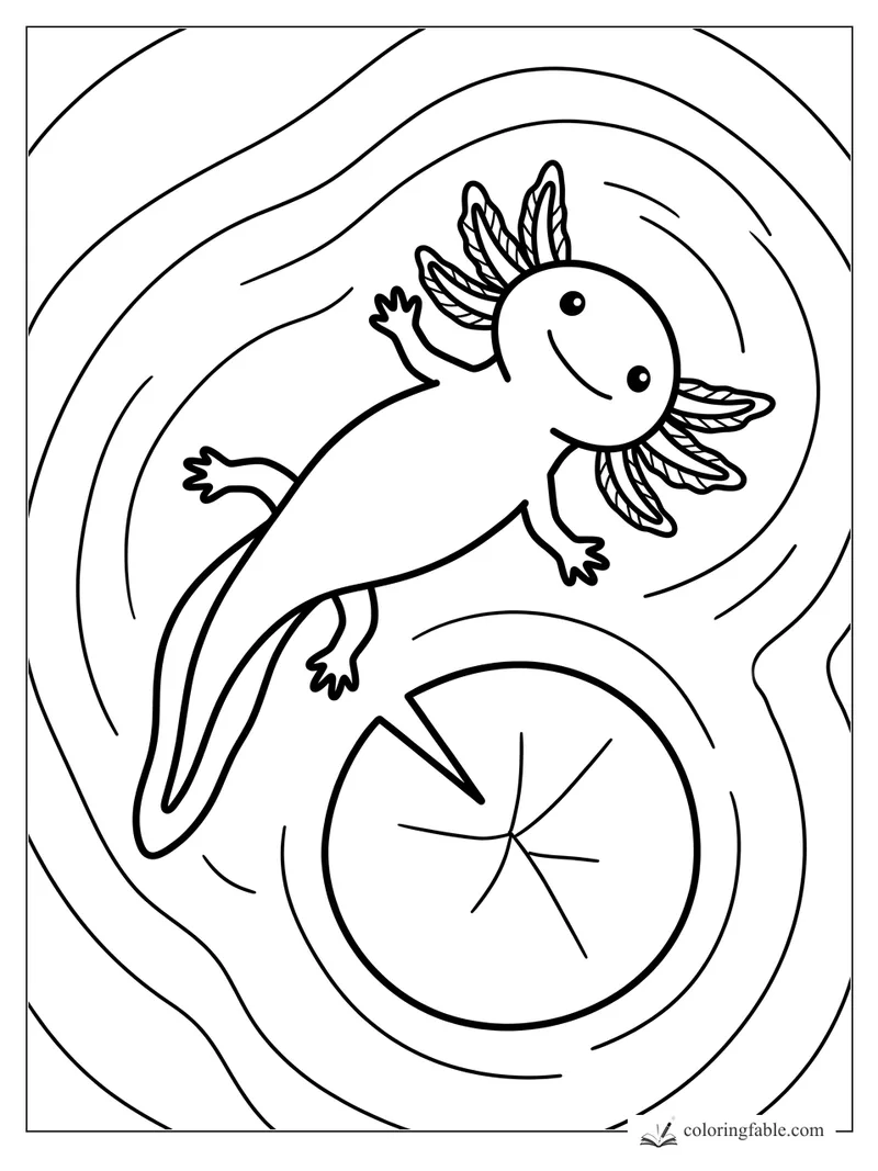 Smiling axolotl with feathery gills swimming through curved water lines near a lily pad