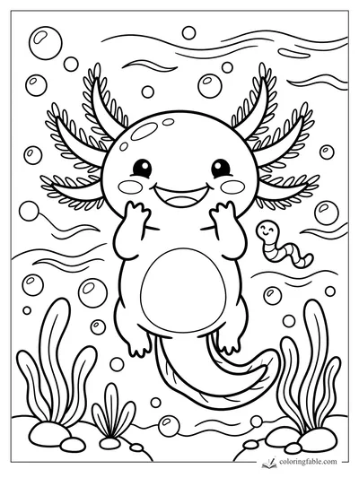 Kawaii axolotl smiling underwater with feathery gills, bubbles, sea plants, and a tiny worm friend.