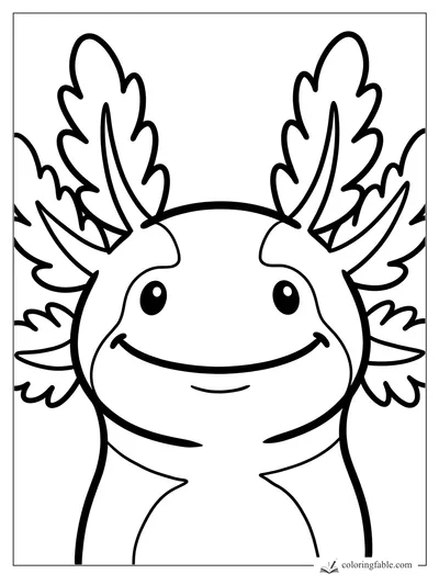 Bold easy axolotl coloring page with a big smile, shiny eyes, and feathery gills.