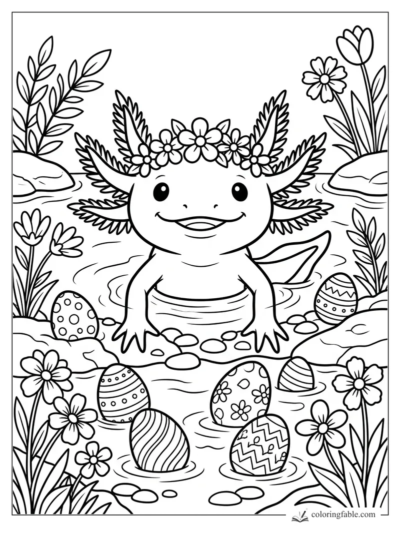 Smiling axolotl wearing a flower crown in a pond with decorated eggs, rocks, daisies, tulips, and leafy plants