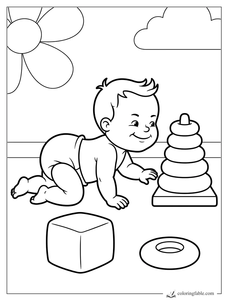 Smiling baby crawling toward a stacking ring toy, with a cube, loose ring, flower, and cloud.