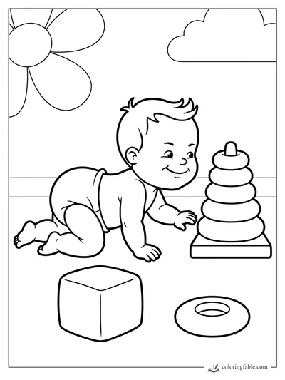 Smiling baby crawling toward a stacking ring toy, with a cube, loose ring, flower, and cloud.