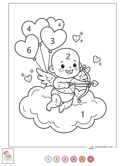 Smiling Baby Cupid with Heart Balloons — color by number