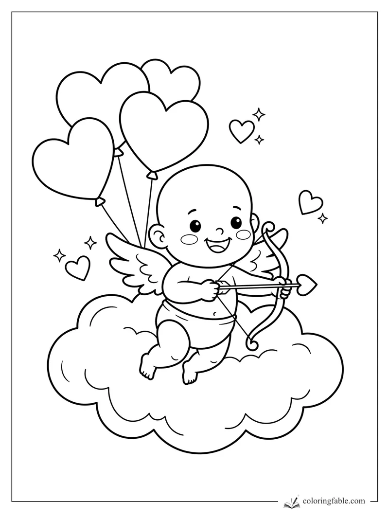 Cartoon baby cupid on a cloud holding a bow and heart arrow with heart balloons and sparkles