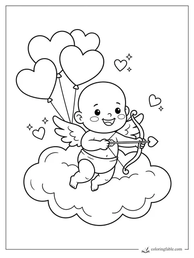Cartoon baby cupid on a cloud holding a bow and heart arrow with heart balloons and sparkles