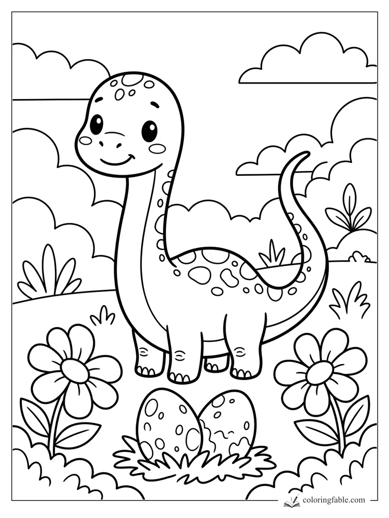 Kawaii diplodocus smiling by two spotted eggs, flowers, bushes, and rounded clouds.