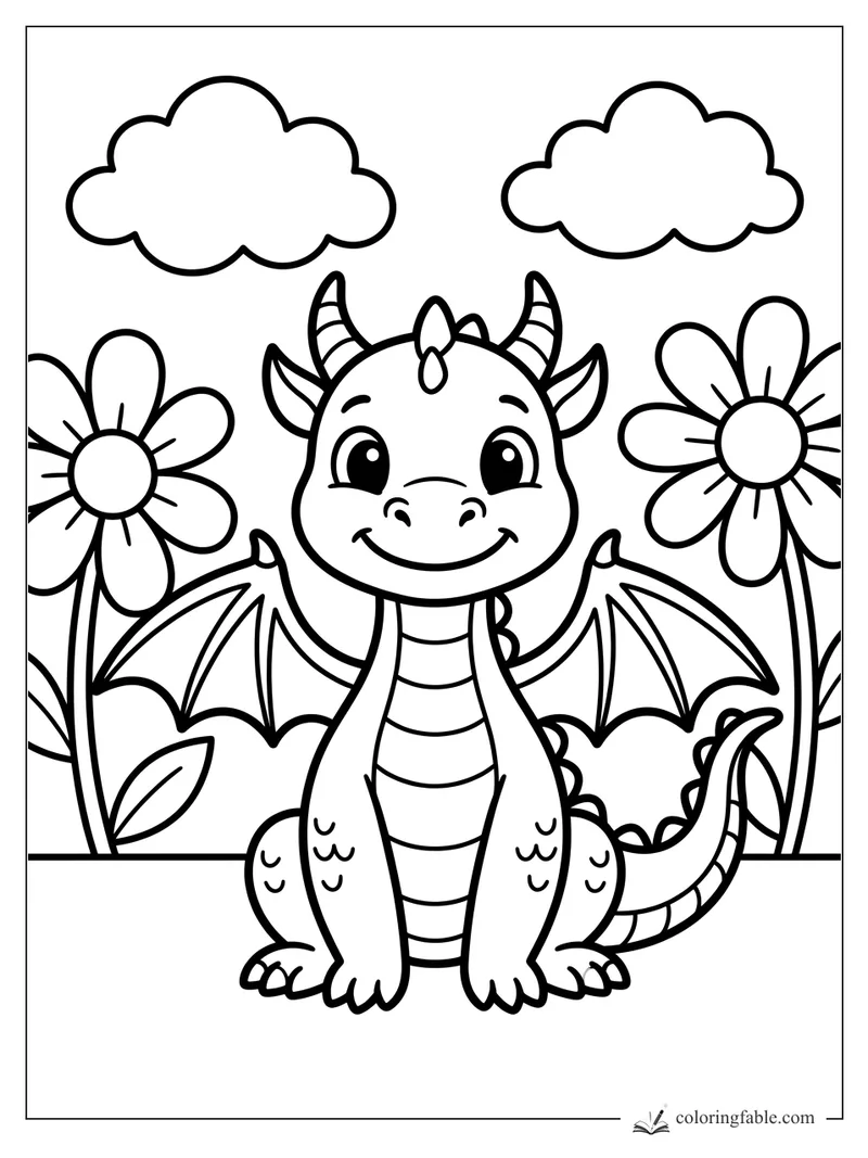 Cute baby dragon smiling between tall daisies and two puffy clouds, bold easy coloring page.