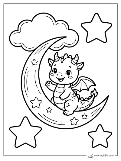 Kawaii baby dragon waving from a crescent moon with clouds and stars to color