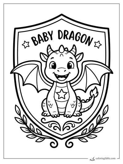 Baby dragon coloring page with shield badge, stars, wings, flame tail, and leafy laurel