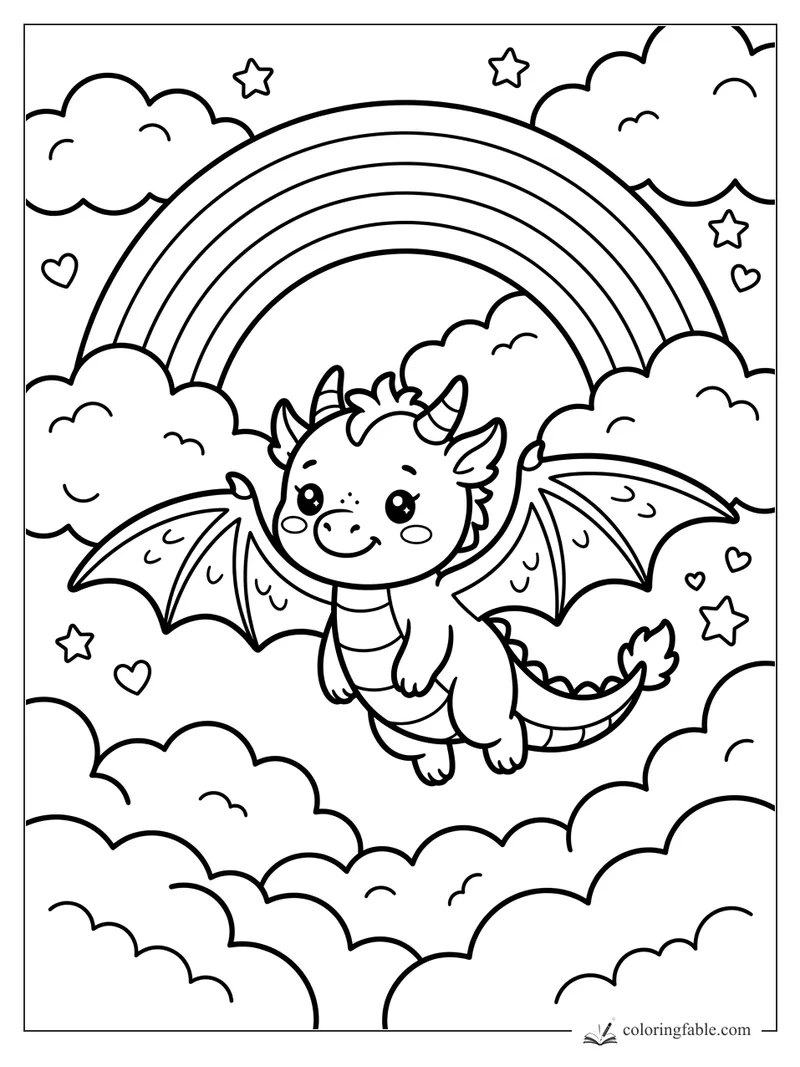 Kawaii baby dragon flying among clouds, stars, hearts, and a big rainbow coloring page