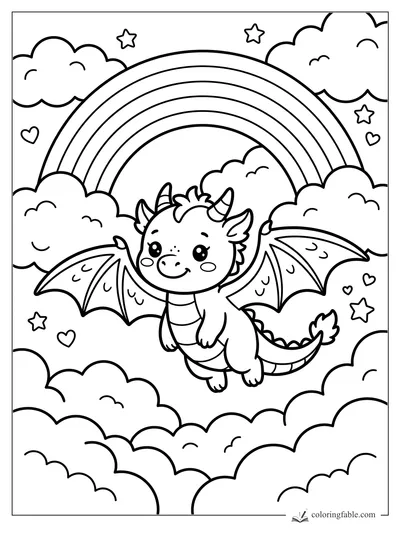 Kawaii baby dragon flying among clouds, stars, hearts, and a big rainbow coloring page