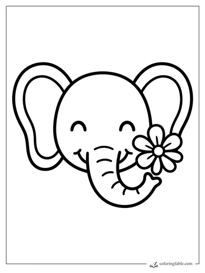 Easy coloring page of a smiling baby elephant with big ears and a flower held by its curled trunk