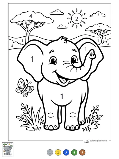 Smiling Baby Elephant with a Butterfly — color by number