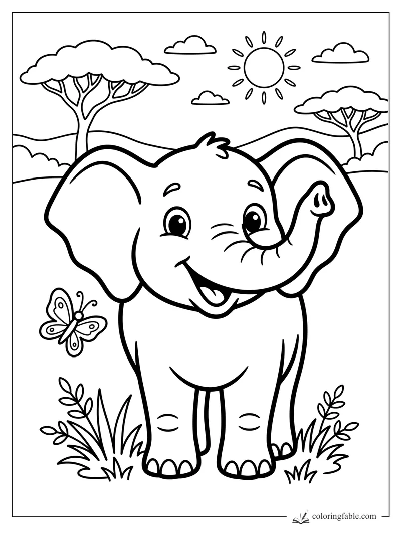 Cute baby elephant smiling at a butterfly in a sunny savanna with trees, clouds, and grass.