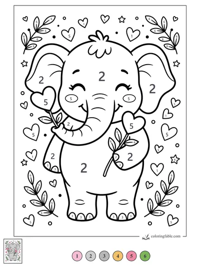 Smiling Baby Elephant With Heart Flowers — color by number