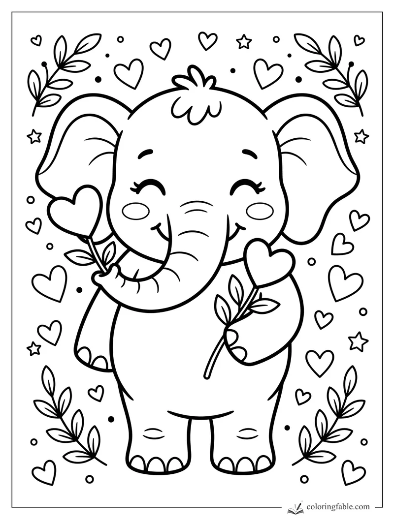 Kawaii baby elephant holding heart-shaped flowers among leaves, hearts, stars, and dots.