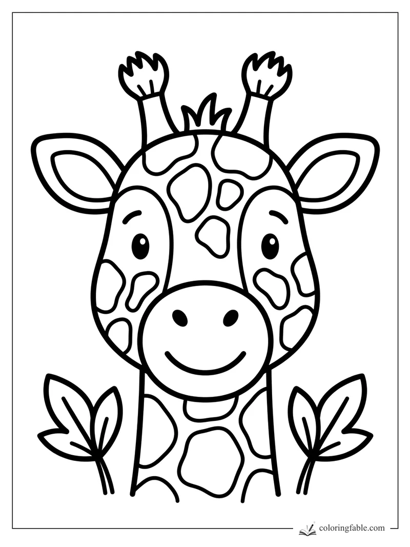 Easy coloring page of a smiling baby giraffe face with big ears, ossicones, spots, and two leaf sprouts.