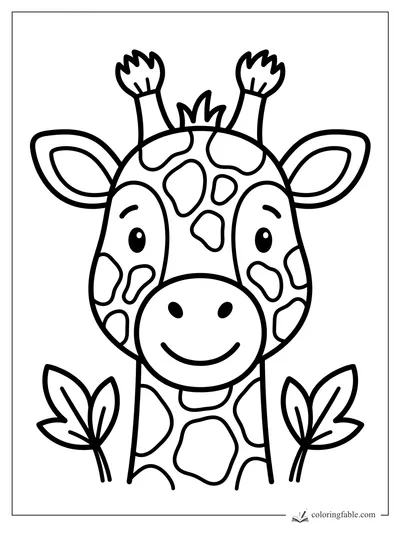 Easy coloring page of a smiling baby giraffe face with big ears, ossicones, spots, and two leaf sprouts.