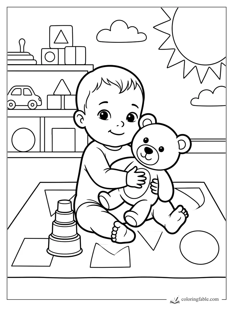 Cartoon baby hugging a teddy bear on a play mat with blocks, cups, toy shelf, sun, and clouds.