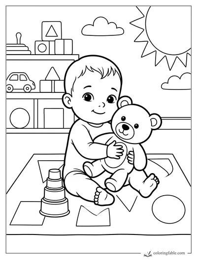 Cartoon baby hugging a teddy bear on a play mat with blocks, cups, toy shelf, sun, and clouds.