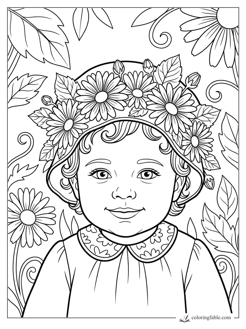 Smiling baby wearing a daisy-covered bonnet with leaves, flower buds, curls, and swirling garden vines.