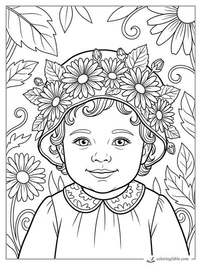 Smiling baby wearing a daisy-covered bonnet with leaves, flower buds, curls, and swirling garden vines.