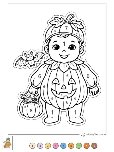 Smiling Baby in a Pumpkin Costume with Treat Bucket — color by number