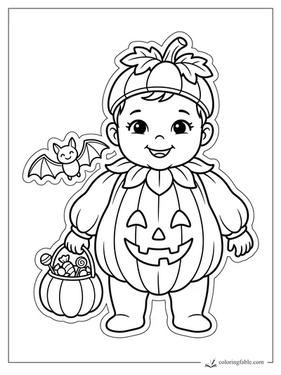Baby in a pumpkin costume holding a candy bucket with a smiling bat sticker beside them.