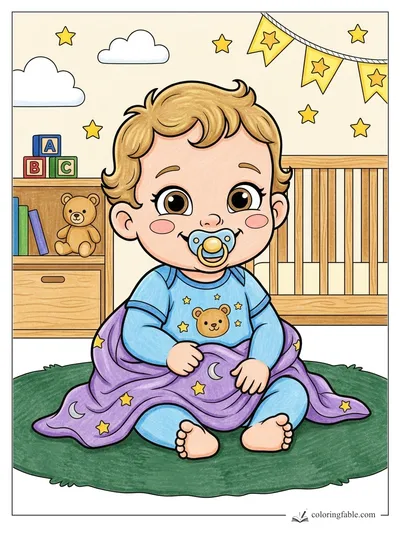 Smiling Baby on a Starry Nursery Blanket — colored example