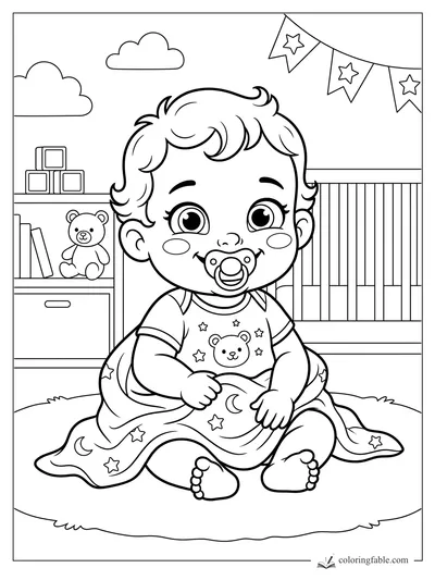 Cartoon baby with pacifier sitting on star blanket in nursery with teddy bear, blocks, crib, clouds, and bunting